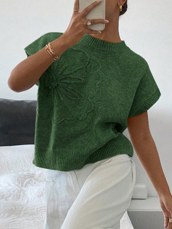 Vesta tricotată fără mâneci pentru femei, stil pulover, model floral, guler rotund, viscoză 50–70%