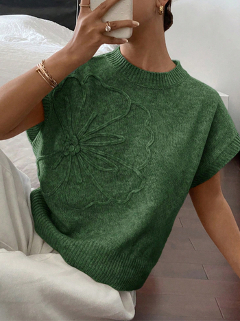 Vesta tricotată fără mâneci pentru femei, stil pulover, model floral, guler rotund, viscoză 50–70%