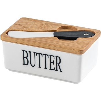Stačiakampė porcelininė sviesto dėžutė su bambukiniu dangteliu ir peiliu, uždaryta, talpa iki 300 ml
