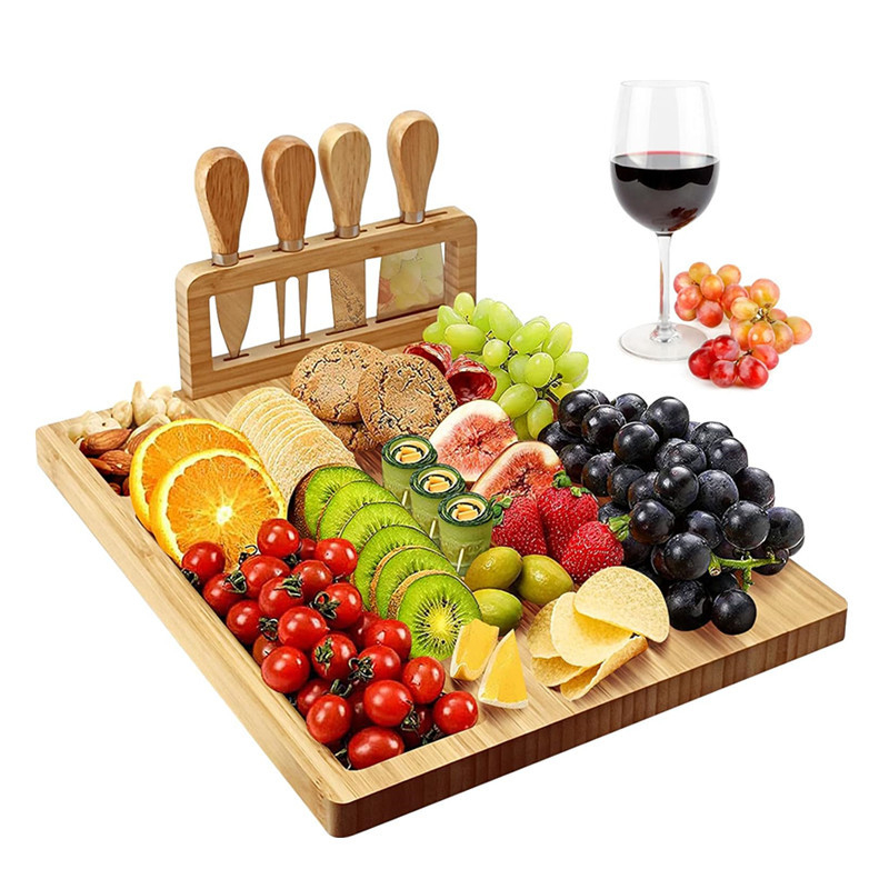 Bambuko sūrio lentelių rinkinys — dvipusė serviravimo ir pjaustymo lenta, namų naudojimui, šiuolaikinis minimalistinis stilius