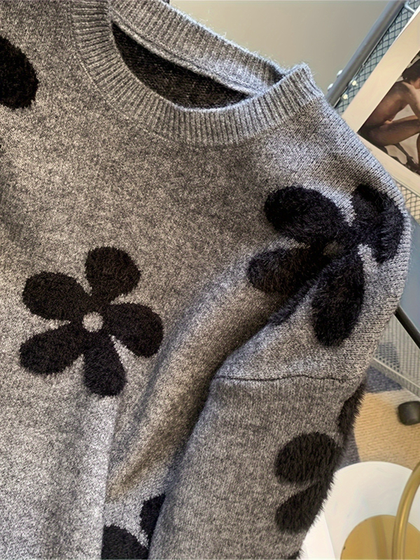 Pulover s kontrastnim cvjetnim dizajnom, labav kroj, okrugli izrez, 95% poliester, jesen-zima 2024