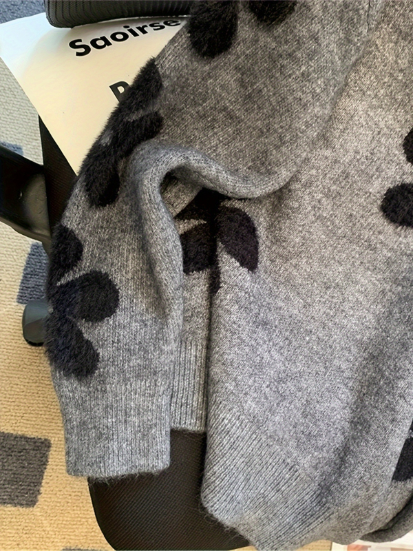 Pulover s kontrastnim cvjetnim dizajnom, labav kroj, okrugli izrez, 95% poliester, jesen-zima 2024