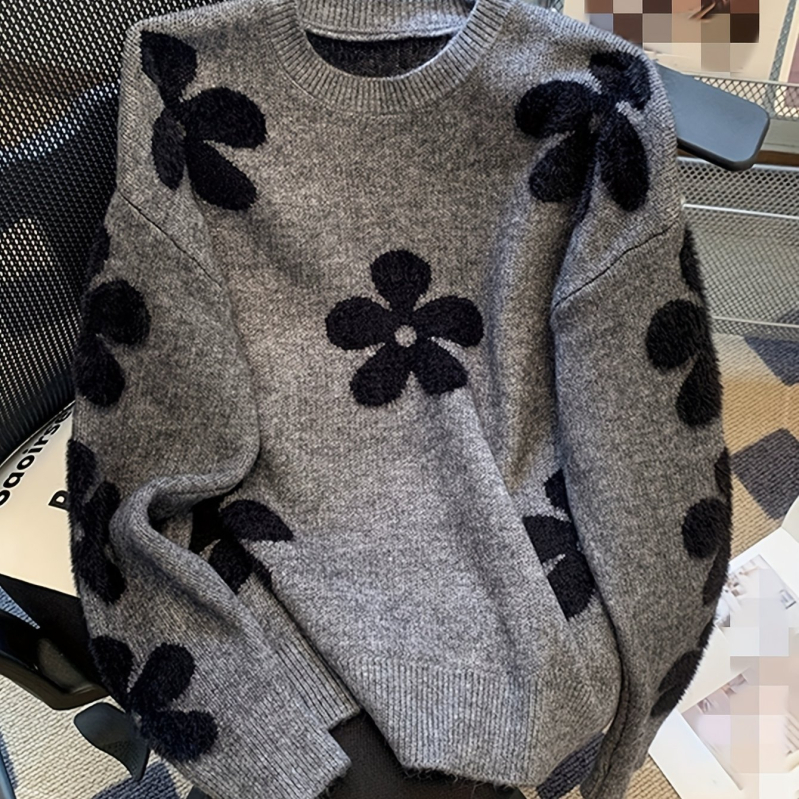 Pulover tricotat cu design floral în contrast, croială lejeră, guler rotund, 95% poliester, toamnă-iarnă 2024