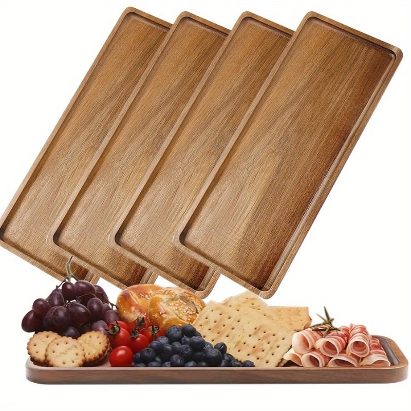 Set de 4 farfurii din lemn de acacia, cu ustensile lungi de tăiere carne