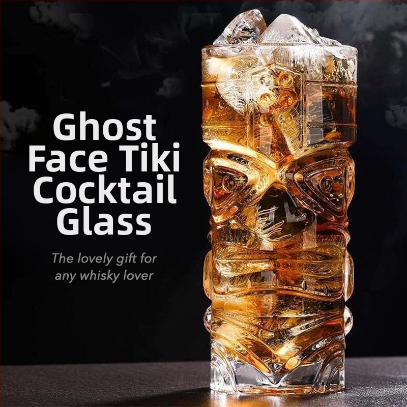 Three Carats Sklenený Tiki Pohár na Koktaily so Vzorom Grimase, Kapacita 301-400 ml, Ľahká Luxus Retro Štýl