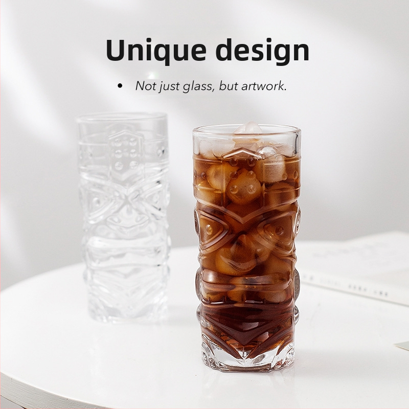 Three Carats Sklenený Tiki Pohár na Koktaily so Vzorom Grimase, Kapacita 301-400 ml, Ľahká Luxus Retro Štýl