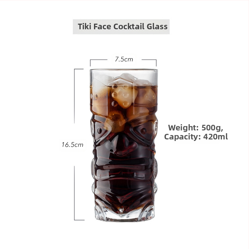 Three Carats Sklenený Tiki Pohár na Koktaily so Vzorom Grimase, Kapacita 301-400 ml, Ľahká Luxus Retro Štýl
