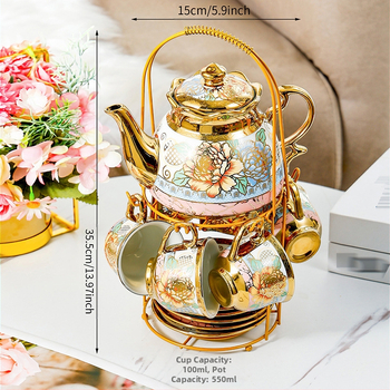 Keraminė kavos komplektas, šiaurietiško modernizmo stilius, gėlių raštas, elektroplatinės apdailos, dėžutė su padėklu