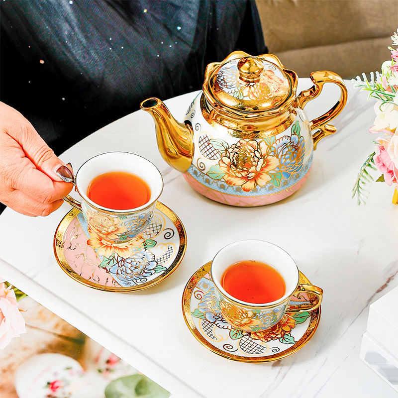 Keraminė kavos komplektas, šiaurietiško modernizmo stilius, gėlių raštas, elektroplatinės apdailos, dėžutė su padėklu