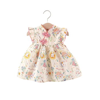 Κοριτσίστικο φόρεμα κινεζικού στυλ, καρτούν με ηλιοτρόπιο και λαγουδάκι, χωρίς μανίκια, 95% βαμβάκι, γραμμή Α