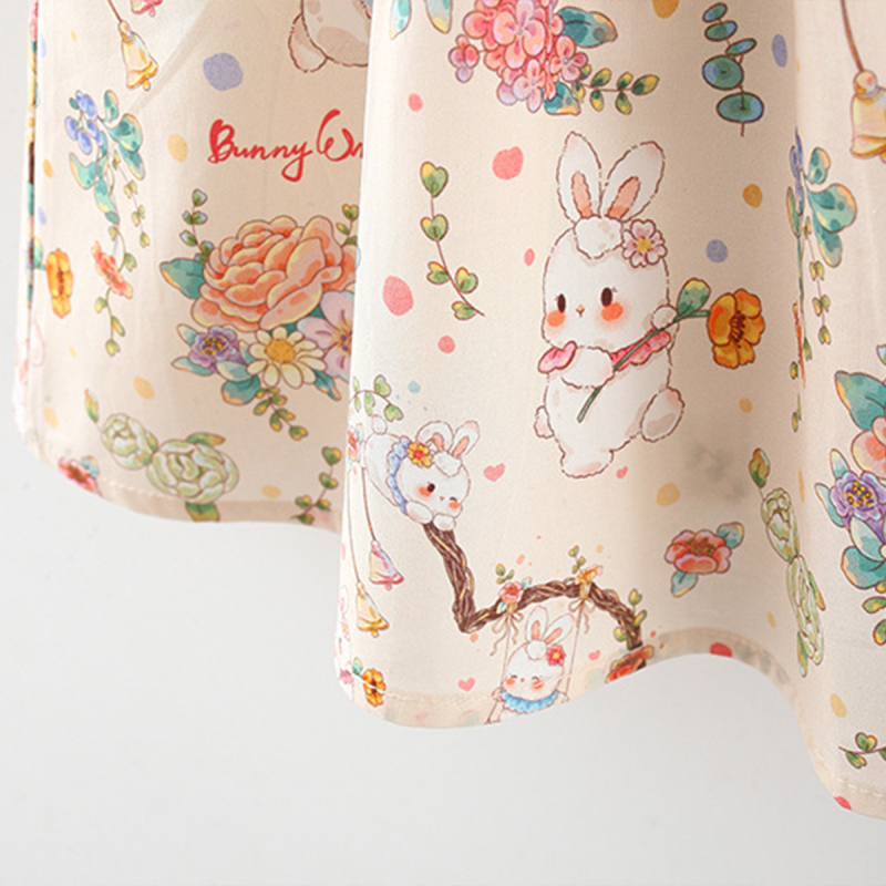 Детска рокля в китайски стил, карикатурен принт със слънчоглед и зайче, без ръкави, памук 95%, А-линейна кройка