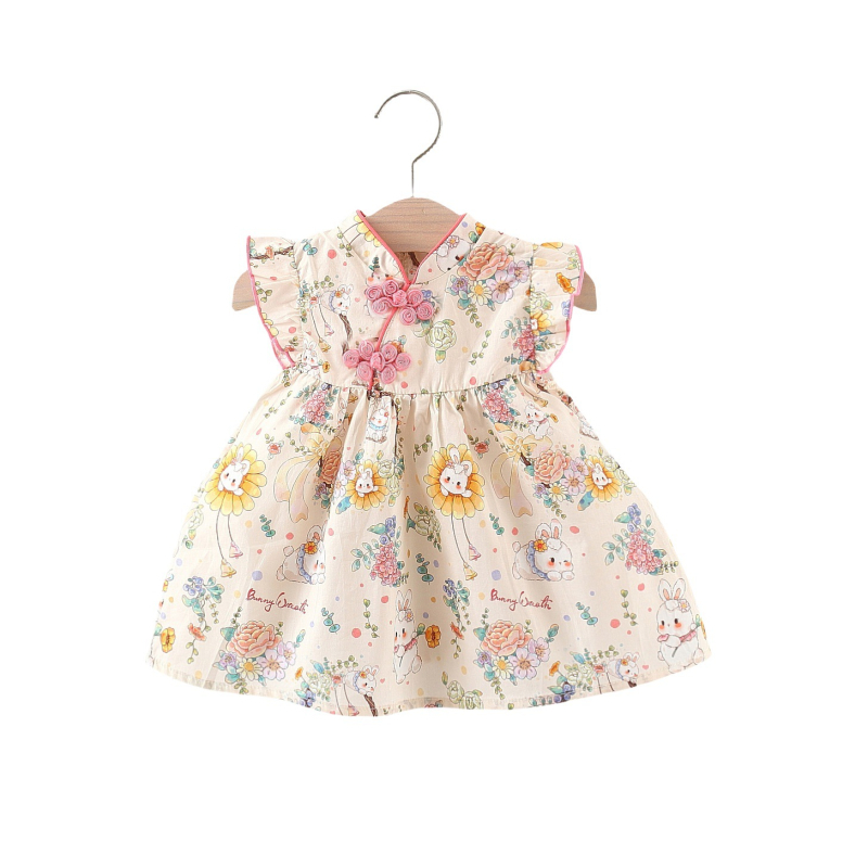 Детска рокля в китайски стил, карикатурен принт със слънчоглед и зайче, без ръкави, памук 95%, А-линейна кройка