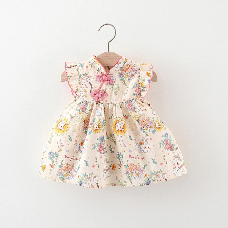 Детска рокля в китайски стил, карикатурен принт със слънчоглед и зайче, без ръкави, памук 95%, А-линейна кройка