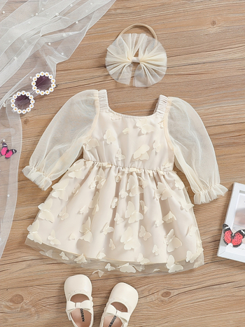 Gyerekeknek készült pillangó hálószövésű hosszú ujjú ruha, hercegnő-stílus, korduroy anyagból, A-vonalú szabás, újszülötteknek (0–1 év)