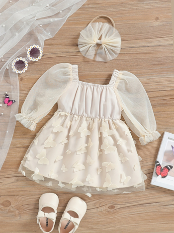 Gyerekeknek készült pillangó hálószövésű hosszú ujjú ruha, hercegnő-stílus, korduroy anyagból, A-vonalú szabás, újszülötteknek (0–1 év)