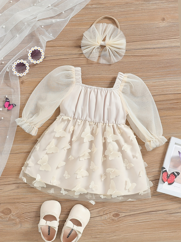 Gyerekeknek készült pillangó hálószövésű hosszú ujjú ruha, hercegnő-stílus, korduroy anyagból, A-vonalú szabás, újszülötteknek (0–1 év)