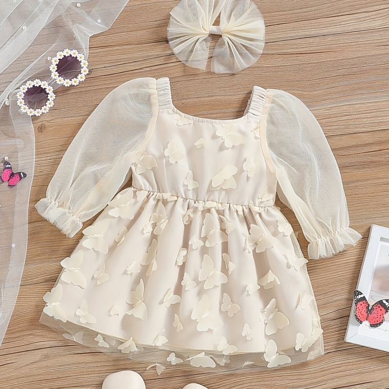 Gyerekeknek készült pillangó hálószövésű hosszú ujjú ruha, hercegnő-stílus, korduroy anyagból, A-vonalú szabás, újszülötteknek (0–1 év)