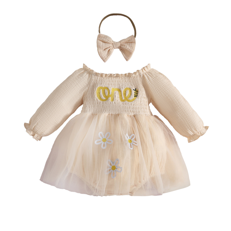 Dječja djevojačka haljina za zabavu s dugim rukavima, mrežasti sloj s cvjetnim uzorkom, A-kroj, poliester tkanina