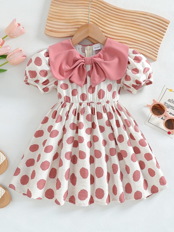 Dječja haljina za djevojčice - slatka linija, kratki rukavi, pleteni materijal, uzorak s točkicama, haljina za princezu