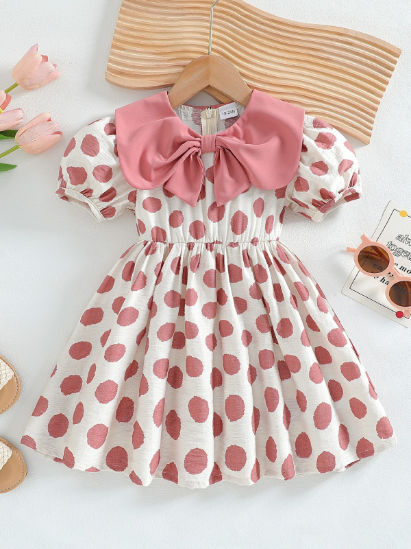 Dječja haljina za djevojčice - slatka linija, kratki rukavi, pleteni materijal, uzorak s točkicama, haljina za princezu