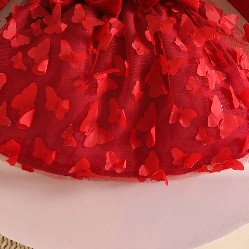 Φόρεμα για κοριτσάκια μωρά με βελούδινο ύφασμα, διακοσμητικό πλέγμα πεταλούδας, μακριά μανίκια, 95% πολυεστέρας, Α-γραμμή με πλισέ