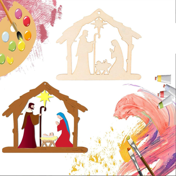 Бук дървена висулка със сцена на Рождеството – незавършена коледна украса за врата