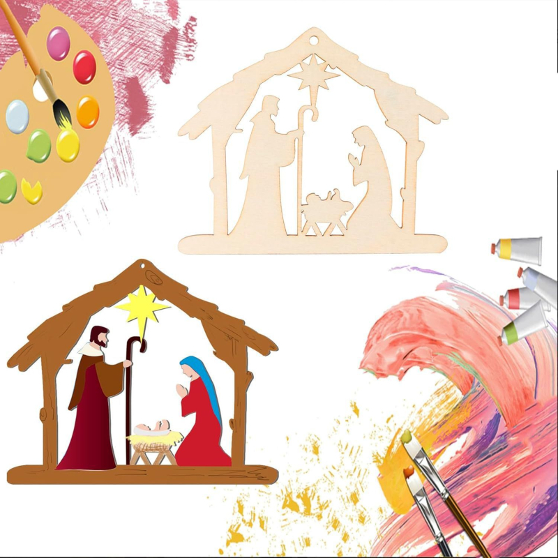 Бук дървена висулка със сцена на Рождеството – незавършена коледна украса за врата