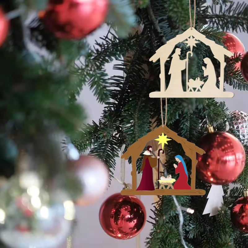 Бук дървена висулка със сцена на Рождеството – незавършена коледна украса за врата