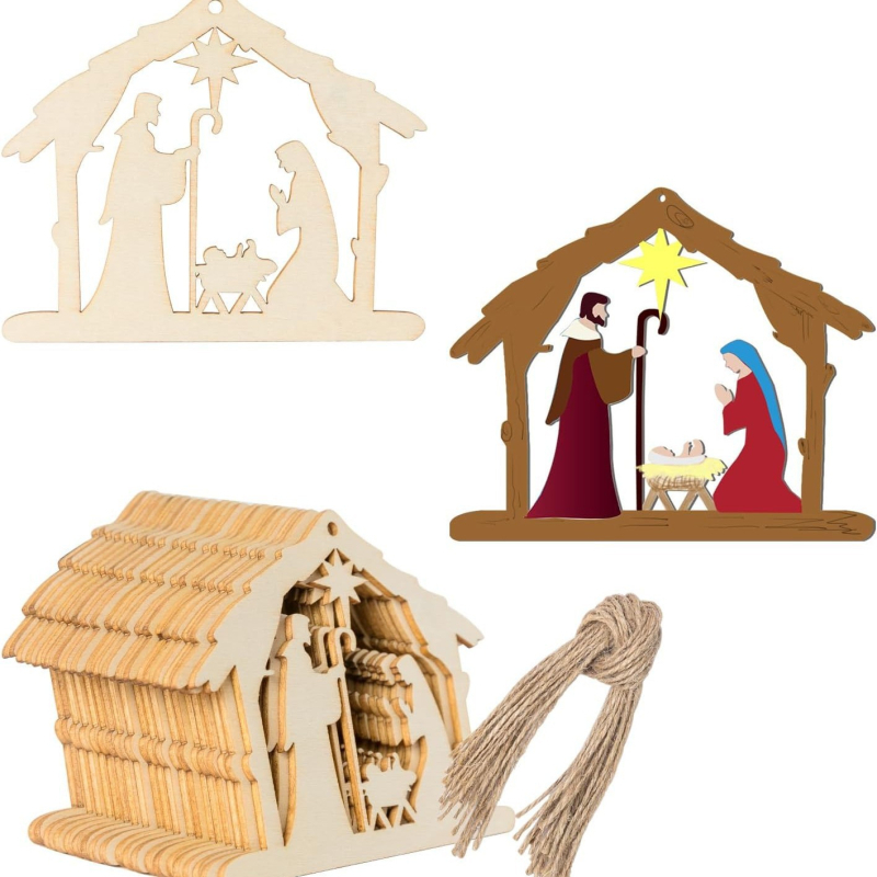 Бук дървена висулка със сцена на Рождеството – незавършена коледна украса за врата