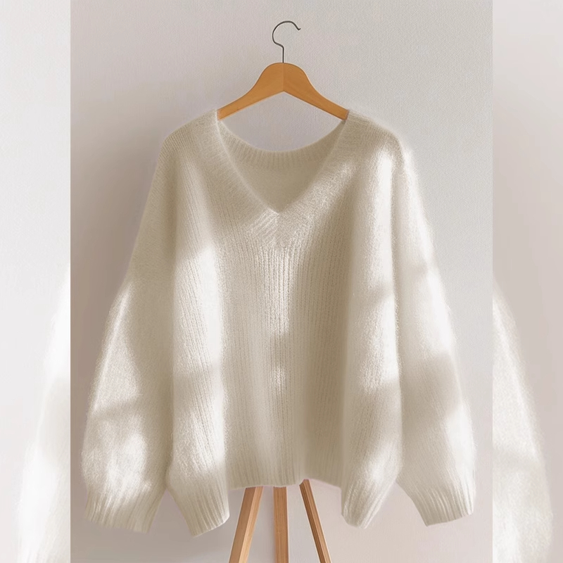 Pulover damă cu decolteu în V, croială lejeră, mâneci lungi, material tricotat cu elastan (<30%)