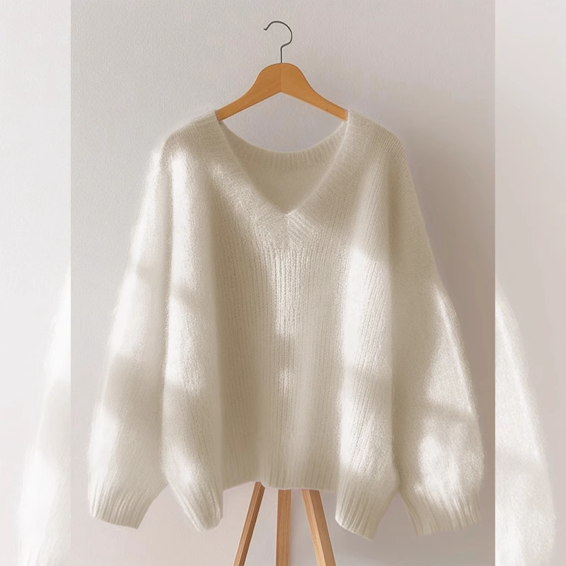 Moteriškas V kaklo megztinis, laisvas kirpimas, ilgos rankovės, megztas audinys su elastanu (<30%)
