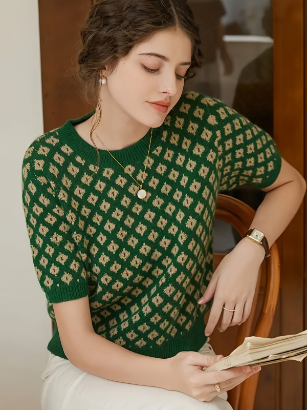 Свитер без ръкави от PVC плат, геометричен мотив и поло яка