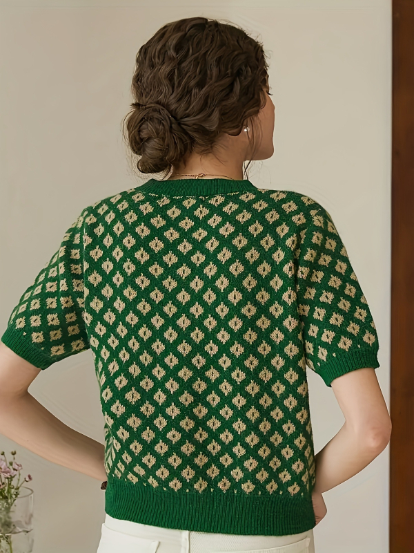 Свитер без ръкави от PVC плат, геометричен мотив и поло яка