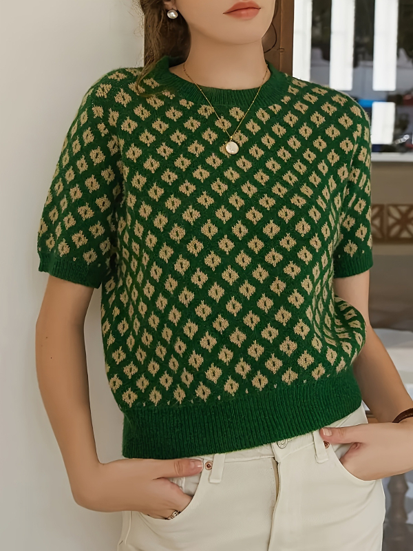 Свитер без ръкави от PVC плат, геометричен мотив и поло яка