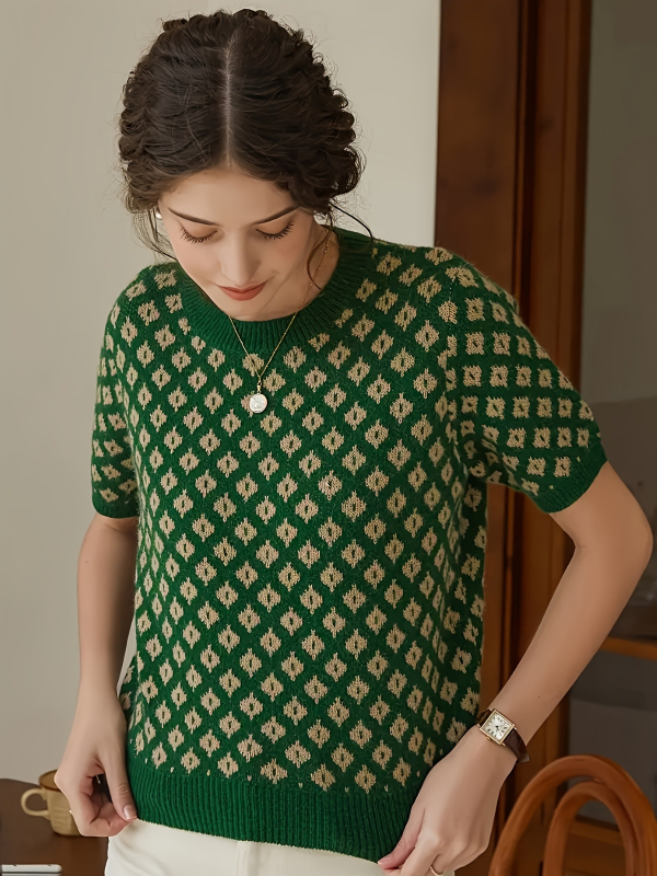 Свитер без ръкави от PVC плат, геометричен мотив и поло яка