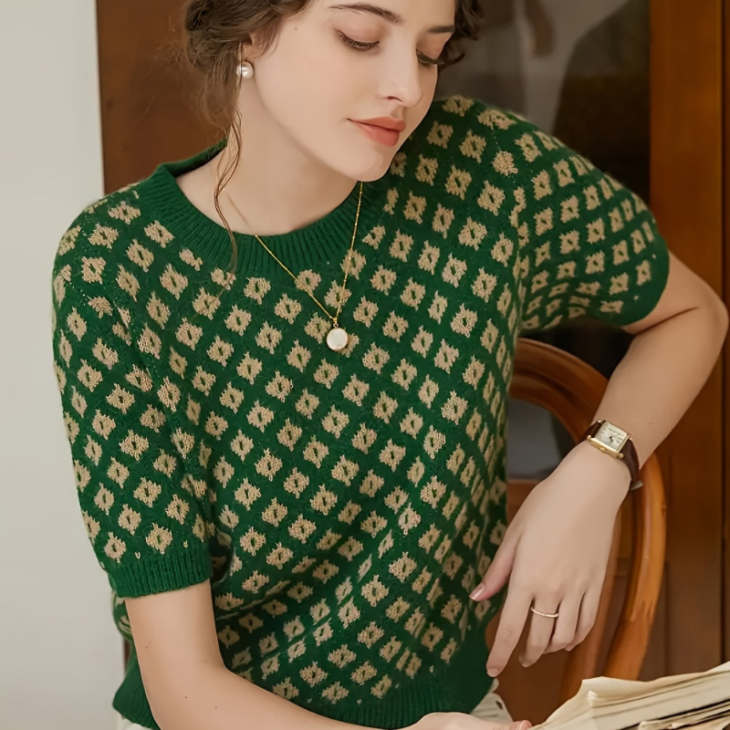 Свитер без ръкави от PVC плат, геометричен мотив и поло яка