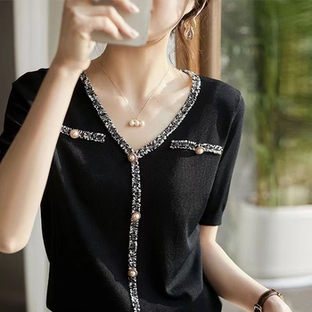 Ženski T-shirt s kratkim rukavima i V-izrezom, ležernog kroja, viskoza, 70–80% viskoze