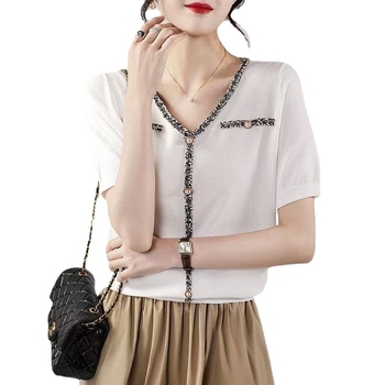 Ženski T-shirt s kratkim rukavima i V-izrezom, ležernog kroja, viskoza, 70–80% viskoze