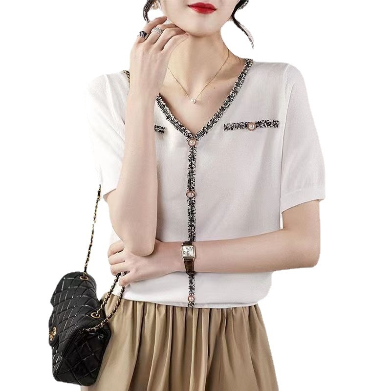 Ženski T-shirt s kratkim rukavima i V-izrezom, ležernog kroja, viskoza, 70–80% viskoze