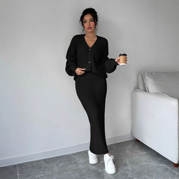 Ženski dvodijelni set: kardigan i suknja, poliester, V-izrez, dugi rukavi, opuštena silueta