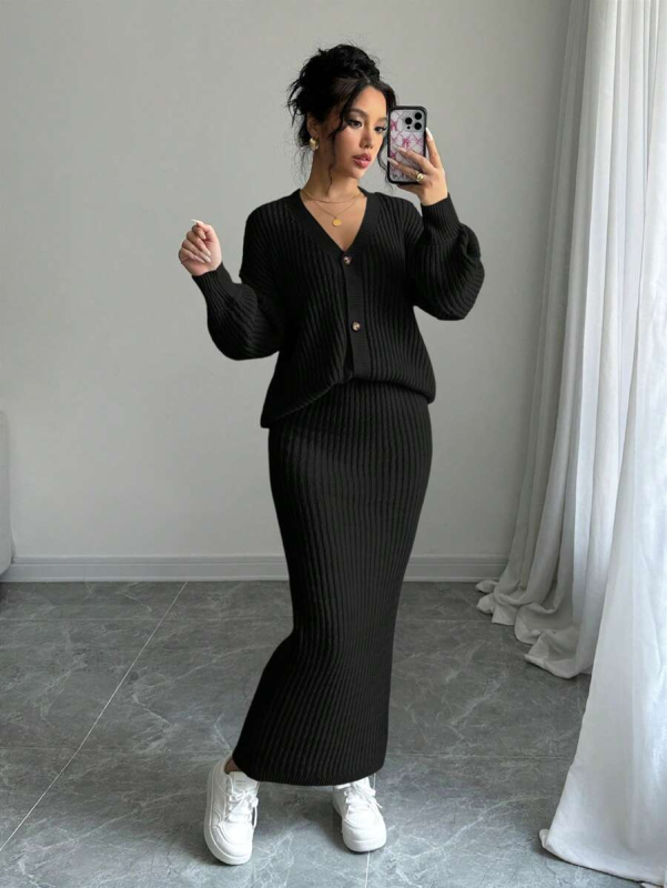 Ženski dvodijelni set: kardigan i suknja, poliester, V-izrez, dugi rukavi, opuštena silueta