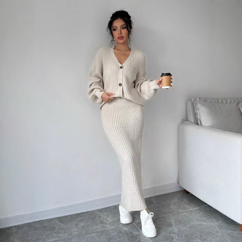 Ženski dvodijelni set: kardigan i suknja, poliester, V-izrez, dugi rukavi, opuštena silueta