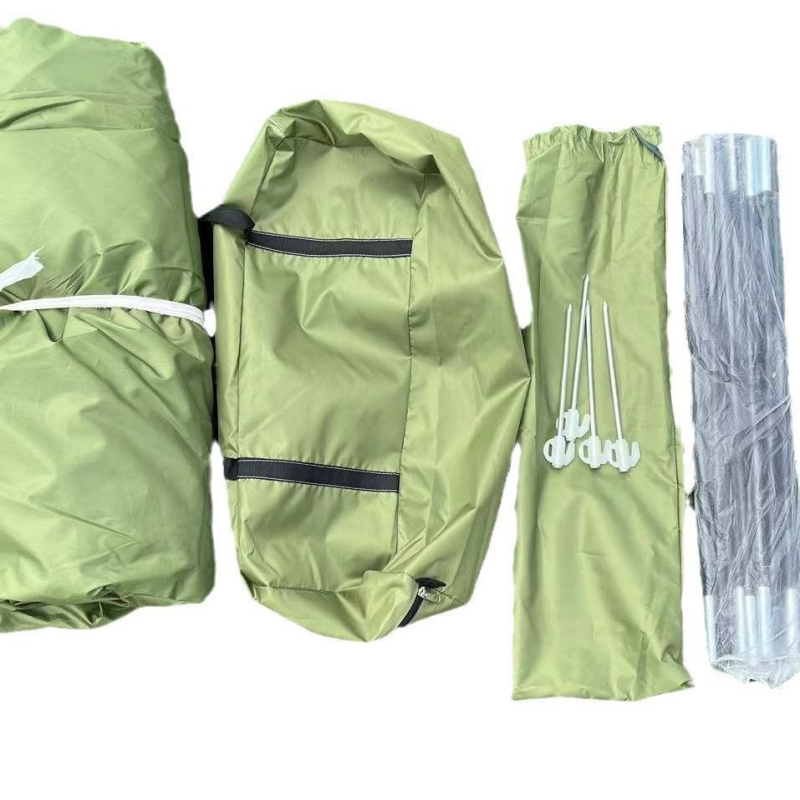 Četru transportlīdzekļu telts ar dubjām durvīm velosipēdu un motociklu uzglabāšanai, nepieciešama montāža, vienas kārtas trekking telts, 6 kg, šķiedru stieņu rāmis, Oxford audums iekšējai/ārējai/grīdai, ārējā ūdensnoturība 1000–1500 mm, grīdas 1000 mm