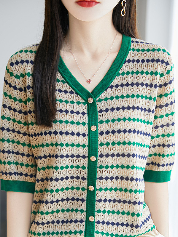 Lyocell pleteni top s dijamantnim izrezom i blokom boja, okrugli ovratnik, rukav 5/4