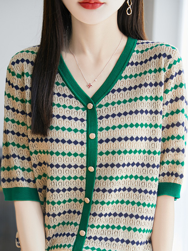 Lyocell pleteni top s dijamantnim izrezom i blokom boja, okrugli ovratnik, rukav 5/4