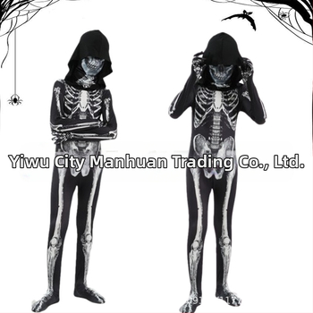 Bērnu Helovīna skeleta kostīms ar kapuci un izdrukātu skeletu – priekš izrādes/deju kostīms, Milk Silk audums, 90–95% poliesters, vecums 3–8 gadi, pavasaris 2025