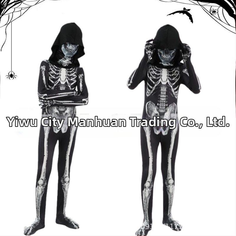 Bērnu Helovīna skeleta kostīms ar kapuci un izdrukātu skeletu – priekš izrādes/deju kostīms, Milk Silk audums, 90–95% poliesters, vecums 3–8 gadi, pavasaris 2025