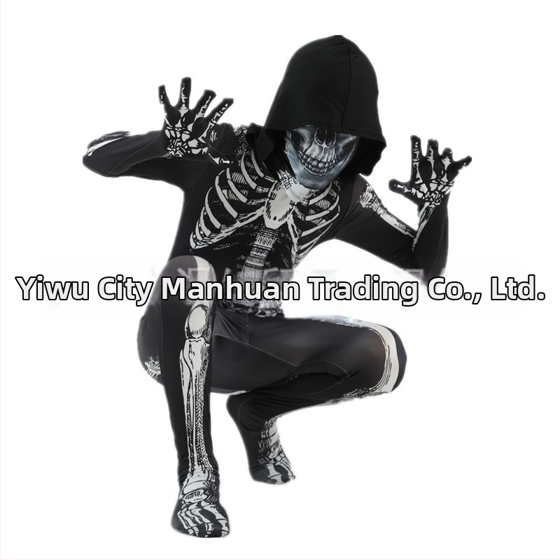 Детски Хелоуин костюм със скелет, качулка и принт на скелет – сценичен костюм за танци, Milk Silk плат, 90–95% полиестер, за деца 3–8 години, пролет 2025