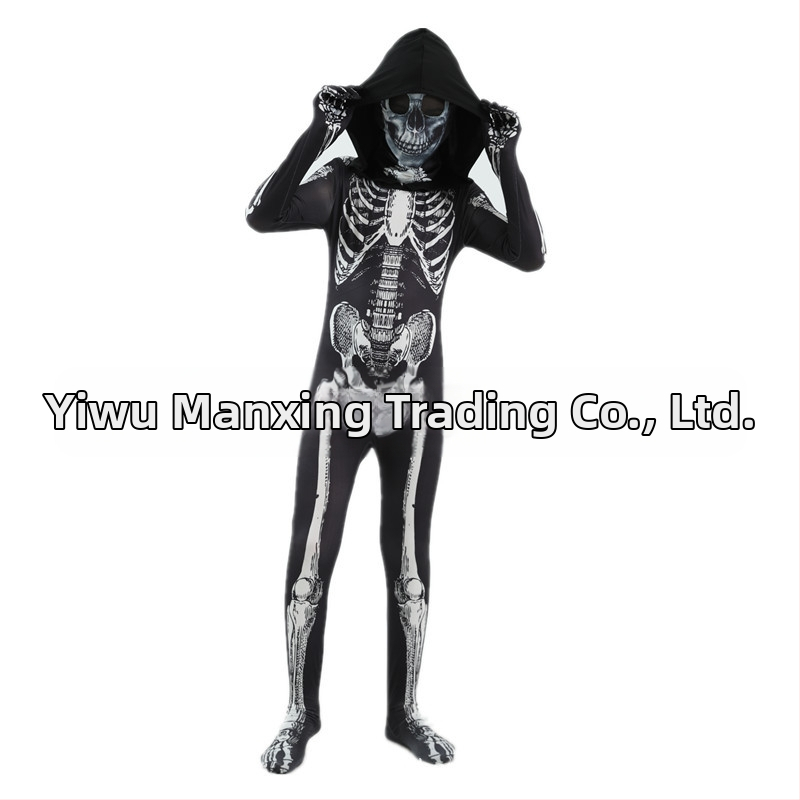 Bērnu Helovīna skeleta kostīms ar kapuci un izdrukātu skeletu – priekš izrādes/deju kostīms, Milk Silk audums, 90–95% poliesters, vecums 3–8 gadi, pavasaris 2025
