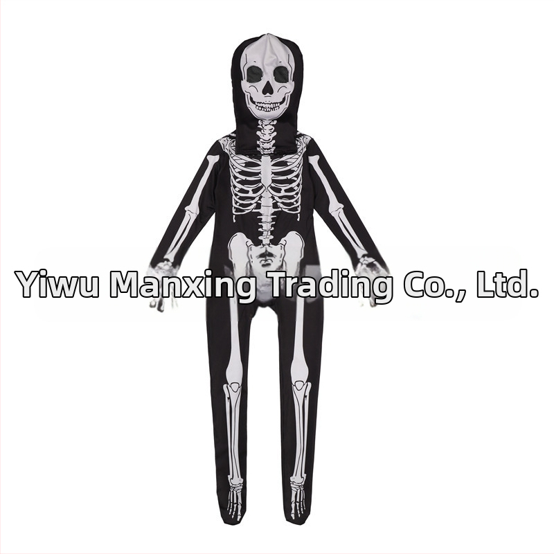 Bērnu Helovīna skeleta kostīms ar kapuci un izdrukātu skeletu – priekš izrādes/deju kostīms, Milk Silk audums, 90–95% poliesters, vecums 3–8 gadi, pavasaris 2025